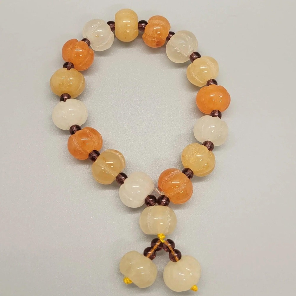 Jade Bead Pumpkin Bracelet | Stretch Floral Autumn Jewelry